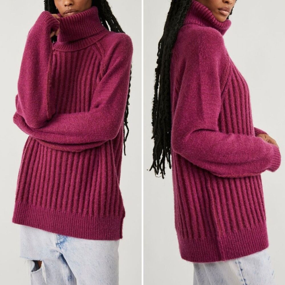 Free People Big City Sweater In Mulberry Ribbed Turtle Neck S